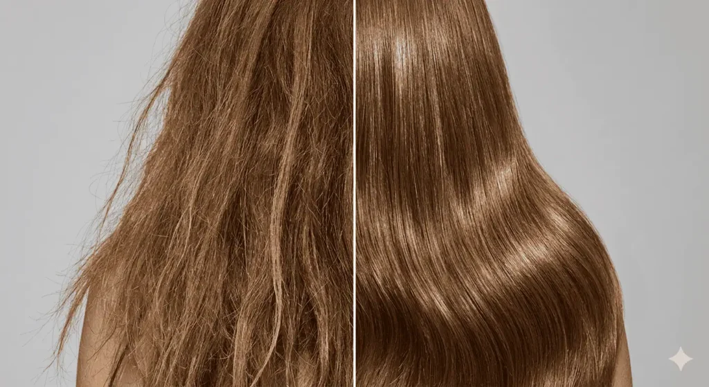 Before and after comparison showing frizzy sun-damaged hair transformed to smooth glossy results after a Hair Botox treatment at Elevate Beauty Lofts Etobicoke