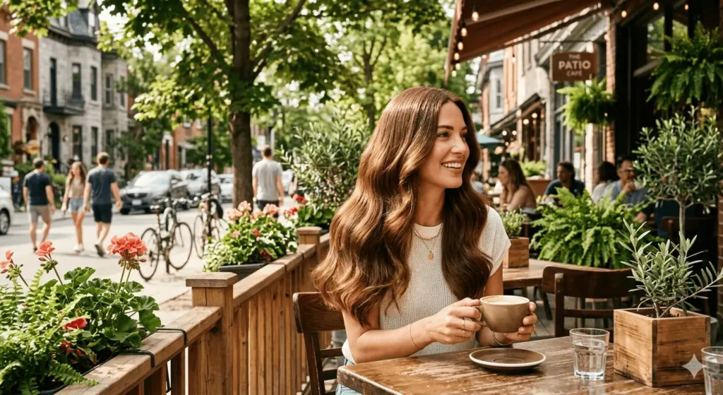 Woman with glossy balayage waves enjoying a coffee on a sunny Lakeshore West patio in summer, Etobicoke Toronto